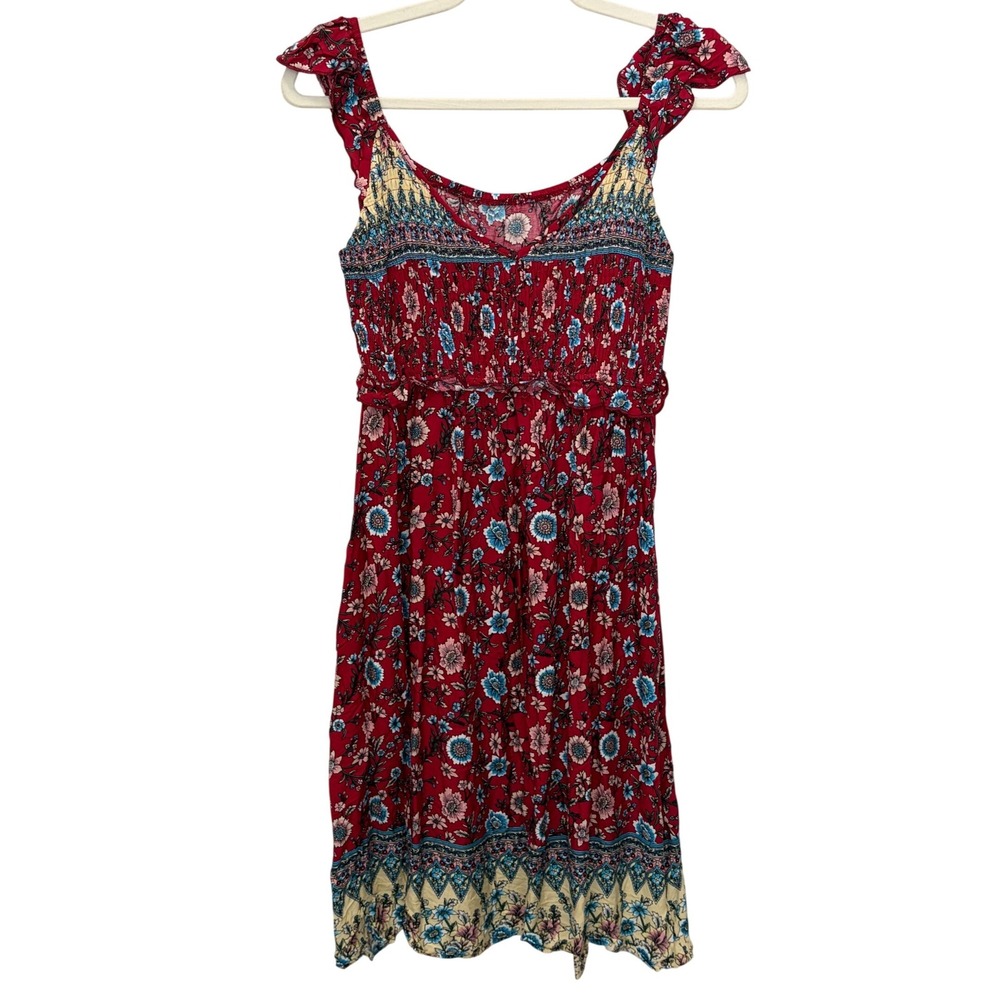 Kohl's Red with Floral Print Sun Dress Smocked Chest Elastic Waist Women's S NWT